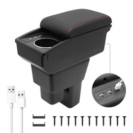 YJYWZH Car Armrest Storage Box for Honda Fit Jazz 2009-2013 Double Layer Car Center Console Organizer Armrest Box with 6 USB Ports and Cup Holder Car Interior Accessories(Red Thread)