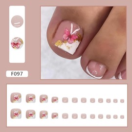 24 Pcs Pink Press on Toenails Short Square - MINGCHUN Summer White French Fake Toe Nails Glitter Toe Nail Art Tips with Butterfly Full Cover False Nails Glue on Nails for Women Manicure Decorations