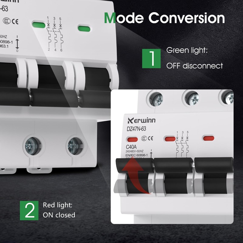 KERWINN 3 Pole Miniature Circuit Breaker,240V/480V AC Circuit Breaker, 32Amp