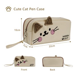 Cute 2-Compartment School Pencil Pen Case with Handle, Embroidered Cat Stationery Organizer for Girls Boys, Large Capacity Pouch for Students Office Supplies (Beige)