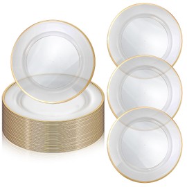 Meyeyaia 25pcs Gold Charger Plates Bulk,12 Inches Clear Charger Plate with Gold Trim,Plastic Disposable Chargers Plates for Dinner, Wedding, Party, New Year