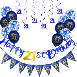 18Pcs Navy Blue 21st Birthday Decorations for Him,Men,21st Birthday Banner Triangle Flag Bunting Navy Blue Foil 21 Hanging Swirls,21st Birthday Balloons for Men Him Birthday Party Decoration Pack