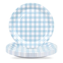 Houuqe 48Pcs Gingham Party Supplies Blue Paper Plates 9 inches Disposable Plaid Decorative Dinner Dessert Serving Plates for Baby Shower Wedding Birthday Party
