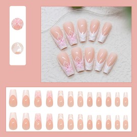 24Pcs French Tip Press on Nails Long Coffin Flower Fake Nails 3D Design Glue on Nails Pink Floral Acrylic Nails Spring False Nails Nude Pink Full Cover Stick on Nails Cute Artificial Nails for Women