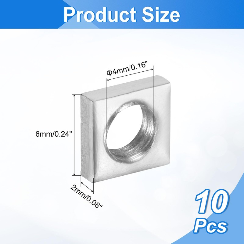 uxcell 10Pcs M4x6mmx2mm Square Nuts, Carbon Steel Zinc Plated Coarse