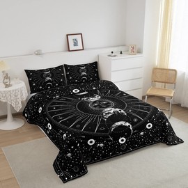 Manfei Sun and Moon Comforter Set Queen Size, Stars Space Psychedelic Bedding Set 3pcs for Kids Boys Teens Bedroom Decor, Black and White Quilt Set Boho Sun Moon Duvet Insert with 2 Pillowcases