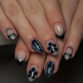 Short Press on Nails Almond French Tip Fake Nails Black Floral False Nails with Flower Designs Elegant Art Acrylic Nails Pretty Glossy Glue on Nails for Women Girls 24Pcs