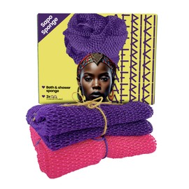 African Net Sponge, Premium Authentic Exfoliating Body Scrubber, Extra Long Stretch Bath Sponge for Shower, Deep Exfoliating Washcloth for Smooth Skin, 2 Pack (Purple & Pink)