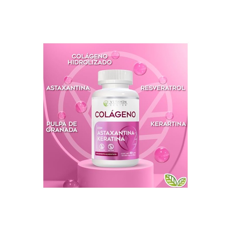Colágeno con Astaxantina y Keratina con 60 capsulas de 500mg