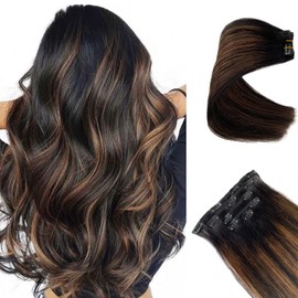 Real Hair Extensions,OiMiGO Ombre Brown Human Hair Clip in Extensions Natural Black to Brown Highlight Straight Hair Extension for Women,Full Head Thick Hair Extension (#1BT6P1B,12Inch)
