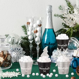 MorningRo 204 Pcs Winter Snowball Tiered Tray Decor Christmas Winter Table Centerpiece 200 Fake Snowballs with 4 Metal Bucket Cute Plush Snowball Bucket for Mantel Fireplace Tabletop Decoration