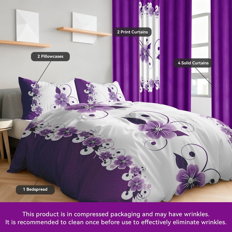 King Size Bedspread Set 9 Pieces, Purple Gardenia Flower