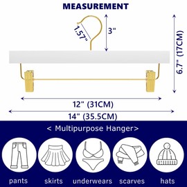 Amber Home 24 Pack White Wooden Pants Hangers with Gold Clips, Wood Skirt and Trouser Hangers for Jeans, Slacks, Shorts