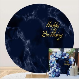 Laeacco 6x6ft Marble Birthday Round Backdrop Polyester Navy Blue Marble Texture Happy Circle Backdrop Cover Kids Adults Baby Shower Banquet Party Portrait Props