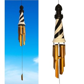 Large Lighthouse Bamboo Windchime – Black and White Light House Topper with Beautiful Chimes – Hanging Outdoor Garden Porch Décor – Deep Relaxing Calming Tones – 43” Overall Length