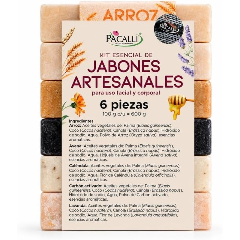 PACALLI Jabones Artesanales 6 Pack - Avena, Caléndula y Miel