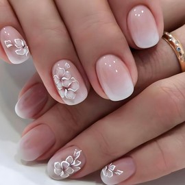 Press on Nails Short Oval Fake Nails Pink False Nails with Design White Butterfly Glossy Glue on Nails Bling Rhinestone Stick on Nails Full Cover Acrylic Nails Cute Artificial Nails for Women Manicure