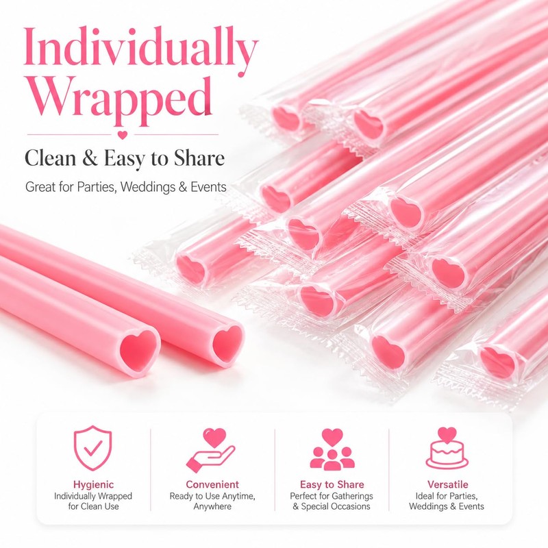 100 Pcs Heart Shaped Pink Straws, Individually Wrapped Disposable Plastic