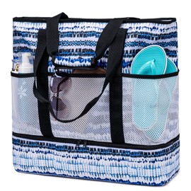 JIANYA Beach Bag XL Women Waterproof Tote Pool Bags with Cooler Sandproof Beach Essentials for Vacation Travel, Wave Stripes - Blue