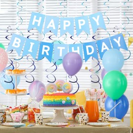 CARBLIN Multi Blue Happy Birthday Banner, Birthday Decorations with Metallic Hanging Swirl, Birthday Sign for Backdrop Party Decor, Bunting Banner for Men Women, Birthday Supplies for Boys Girls