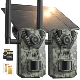 DEATTI Solar Powered Wireless Trail Camera with 2K Video, 64GB SD CARD UNLIMITED Data Plan,BILUT-IN SIM Card, Motion Activated, NOT SUPPORT WIFI, Low-Glow Night Vision, Support Live, Images and Video, Cloud Storage,  Support Android and IOS app - Pack: 2
