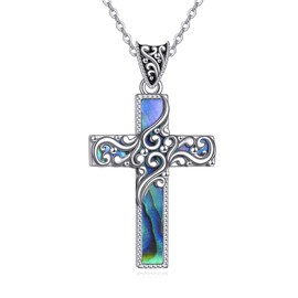 YAFEINI Moonstone Cross Necklace for Women 925 Sterling Silver Filigree Celtic Chain Bohemian Jewellery Gifts for Men, Sterling Silver, Abalone