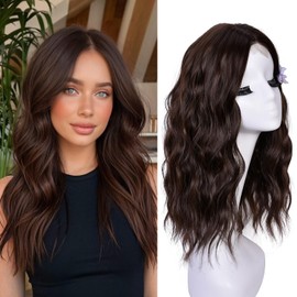 CURLCRAZY Short Wavy Wigs for Women Brown Bob Wave Wig Natural Looking Synthetic Middle Part Lace Front Hair for Everyday Hairstyle 18Inch