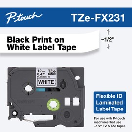 Brother Genuine P-Touch TZE-FX231 Tape, 1/2" (0.47") Wide Flexible-ID Laminated Tape, Black on White, Best Suited for Wire Wrapping and Frlagging, Water-Resistant, 0.47" x 26.2' (12mm x 8M), TZEFX231