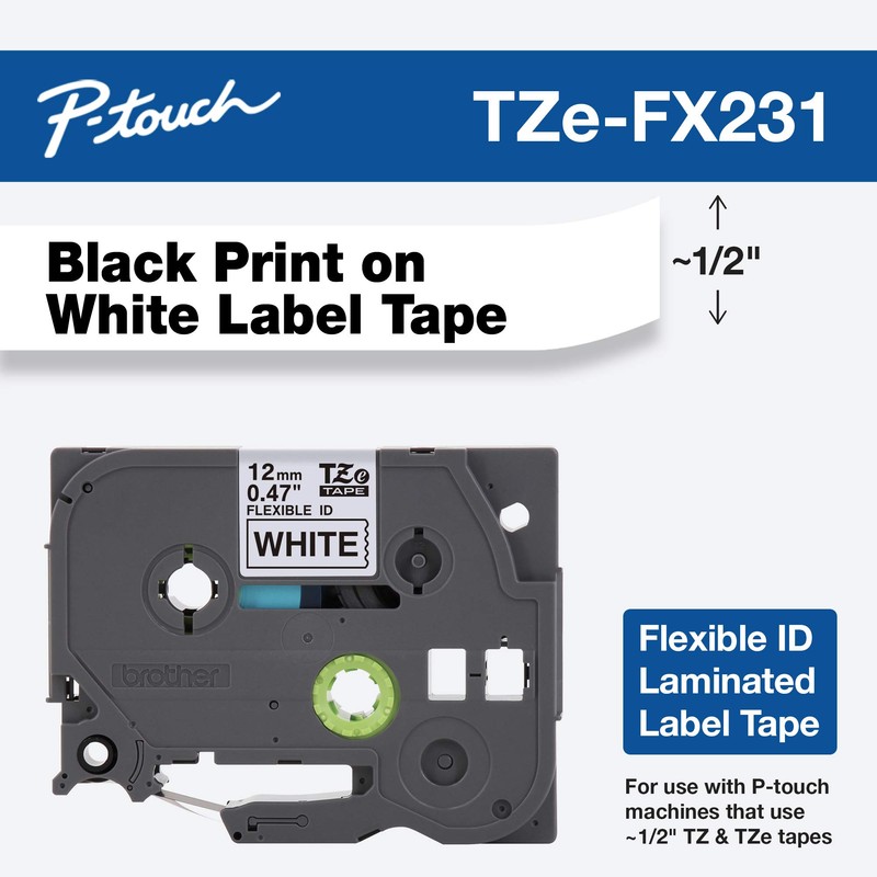 Brother Genuine P-Touch TZE-FX231 Tape, 1/2" (0.47") Wide Flexible-ID Laminated