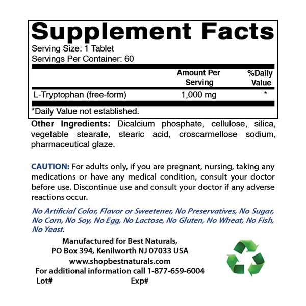 Best Naturals Best Naturals L-Tryptophan 1000 mg 60 Tablets (60