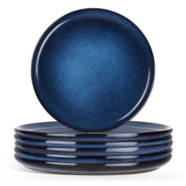 E-far 8” Ceramic Salad Plates Set of 6, Reactive Glaze Stoneware Dishes, Round Dessert Plate for Home Kitchen Restaurant, Microwave & Dishwasher Safe – Deep Sea Blue
