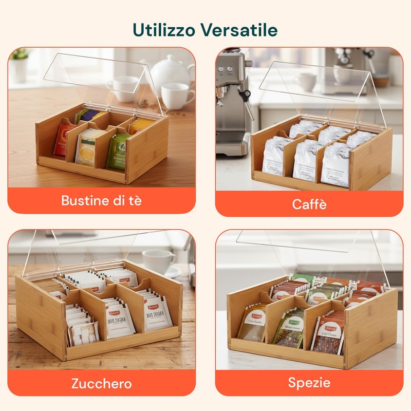 Avilia Organizer Bambù 6 Scomparti Porta Tisane e Capsule Caffè