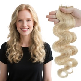 Elailite Wavy Tape in Hair Extensions Human Hair Body Wave Real Remy Hairpieces Platinum Blonde 14 Inch 40g 20pcs Invisible Seamless Skin Weft Best Tape for Women