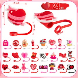 24 PCS Valentine's Day Straw Toppers, 8mm Heart Shaped Straw Cover Cap for Tumblers, Reusable Red Pink Lips Drinking Straws Tip Cover Lover Couple Fun Gifts