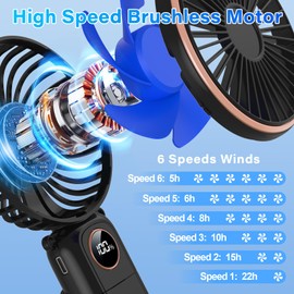 Portable Handheld Fan 5200mAh, USB Rechargeable Foldable Electric Personal Small Mini Hand Held Fan, 22Hrs Runtime, 6 Speeds, LED Display, Battery Powered, Gift for Men, Women, Travel, Outdoor, Makeup