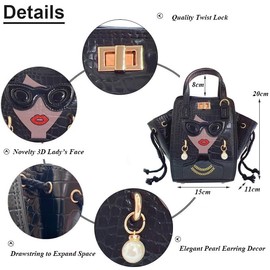 Novelty Unique 3D Lady Face PU Leather Top Handle Satchel Handbags for Women Funky Tote Purse Hobo Crossbody Shoulder bags (Crocodile Grey)