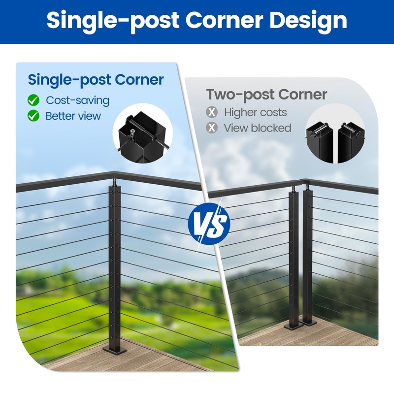 Muzata Black Corner Cable Railing Post 42 Inch 42"x2"x2" T-drilled