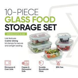 DURA LIVING Airtight Glass Food Storage Containers with Lids - 10 Piece Set, Borosilicate Glass Meal Prep Containers, Leak Proof, Oven Microwave Freezer Dishwasher Safe, BPA-Free