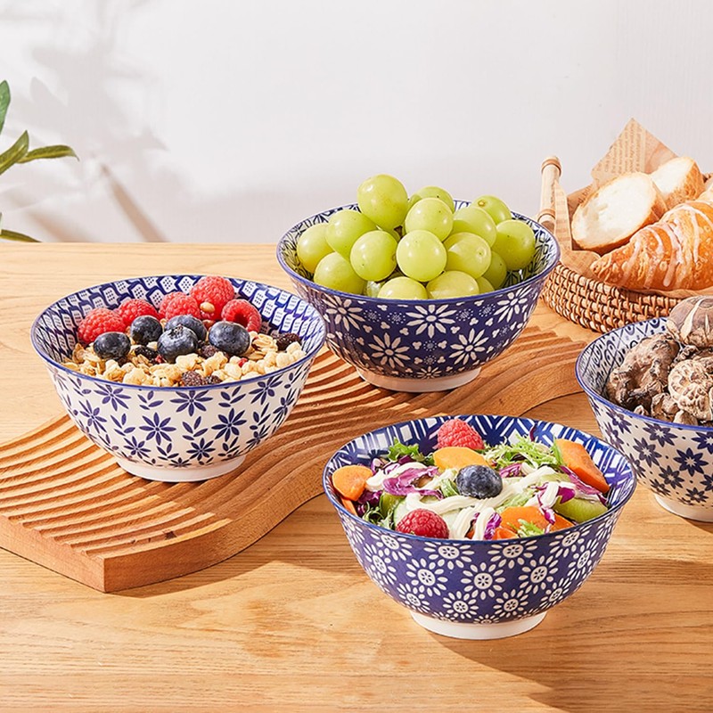 AntoKueh 6 inches Blue and White Ceramic Bowls, 25Oz Deep