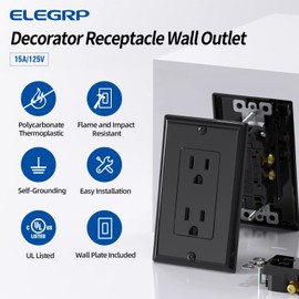 ELEGRP Decorator Receptacle, 15A 125V Standard Electrical Wall Outlet, 2 Pole 3 Wire, Non-Tamper Resistant, NEMA 5-15R, Self-Grounding Residential Grade, w/Wall Plate, UL (Glossy Black, 10 Pack)