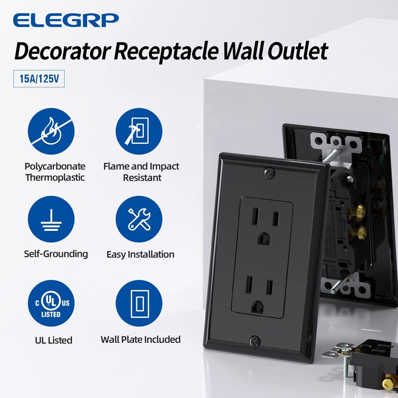 ELEGRP Decorator Receptacle, 15A 125V Standard Electrical Wall Outlet, 2
