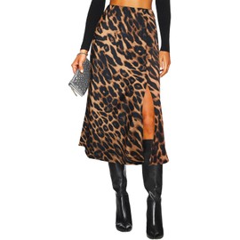 Women's Side Slit A Line Satin Midi Skirt Elastic High Waisted Cheetah Leopard Print Silk Long Skirts for Women