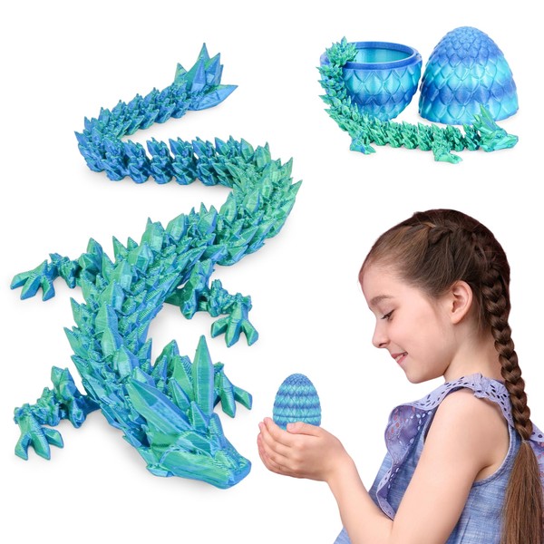 3D Printed Dragon Egg with Dragon Inside, Articulated Crystal Dragon