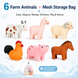 ValenLyra No Hole Bath Toys for Babies, 6 Pack Sealed Farm Animal Bath Toys for Toddlers 1-3 with Mesh Storage Bag, Soft Non-Squirting Baby Water Toys, Cow Pig Horse Sheep Chicken Alpaca