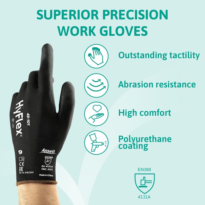 Ansell HyFlex 48-101 Thin Work Gloves, Stretch Fit Nylon Liner