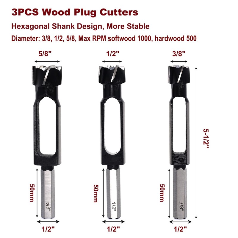 SICWOOD 3PCS Wood Plug Cutters Set, Wood Tenon Maker Dowel
