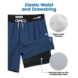 maamgic Mens Swim Trunks with Compression Liner 7 Inch Inseam Mens Bathing Suit Quick Dry Swimming Trunks Swimsuit Blue Grey and Black Large