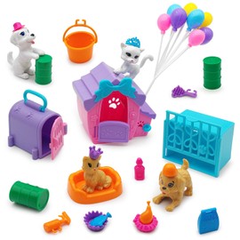 DSHMIXIA Dolls Accessories Playsets Dog Cat Figures with House Cage Pet Pretend Play Toys for Toddlers 3-5 Age 5-7 Girls Kids Brithday Gifts
