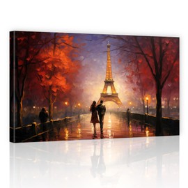 Street Canvas Wall Art Paris Eiffel Tower Pictures Framed Romantic Couple Walking on the Street Canvas Painting Print for Living Room Bedroom Home Decor 16x24inch