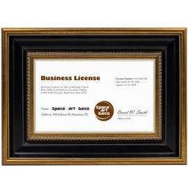Space Art Deco, 5.5x8.5 Business License Frame for 5.5x8.5 Certificate,Tempered Glass Wall Hangers or Easel Stand Display (Ornate Gold/Black, 1-Pack)